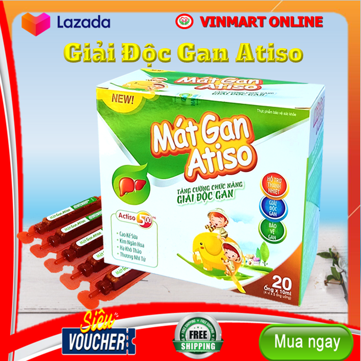 Siro Mát gan Atiso - Giúp giải độc gan,  thanh nhiệt mát gan cho bé, giảm mẩn ngứa, rôm sảy, dị ứng - Hộp 20 ống sử dụng cho bé từ 2 tuổi