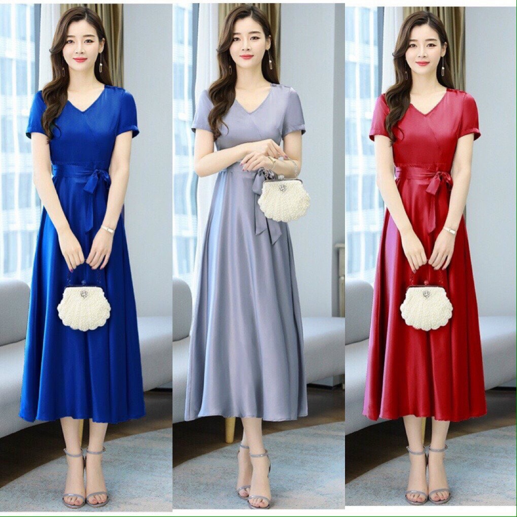 [HCM]ĐẦM XÒE CỔ V THẮT EO, ĐẦM PHI CỔ V KÈM DÂY THẮT EO TAY NGẮN