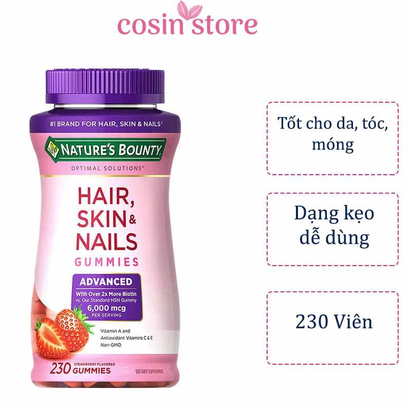 Kẹo Dẻo Đẹp Da Tóc Móng Nature s Bounty Hair Skin Nails Gummies 230 viên