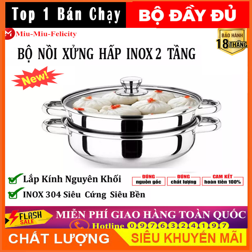 Bộ nồi hấp inox - nồi hấp đa năng 2 tầng cao cấp nắp kính size 28cm dùng được cả bếp từ bếp gas