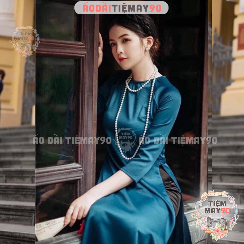 Áo dài cách tân nữ xanh lam Navy dáng suông xưa Tiệm 90 may sẵn lụa xuông bầu dự tiệc lễ tết đẹp AD90080