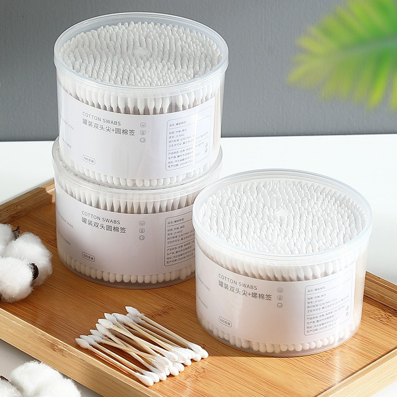 Hộp 500 Tăm bông thân gỗ 2 Đầu Người Lớn 2 Đầu Tròn Và Dẹp Kháng Khuẩn Được Làm Từ Bông Tự Nhiên / Hộp bông tăm 500 que ngoáy tai 2 đầu an toàn khi sự dụng