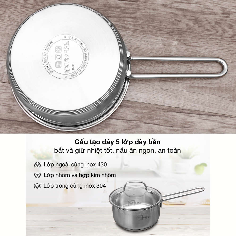 Quánh inox 304 Fivestar Plus 5 đáy vung kính FPQ165D001 size 16cm dùng bếp từ, hàng chính hãng bảo hành 25 năm