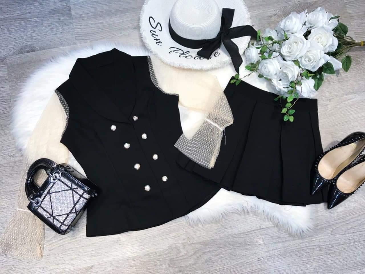 sét áo vest tay phối lưới chân váy