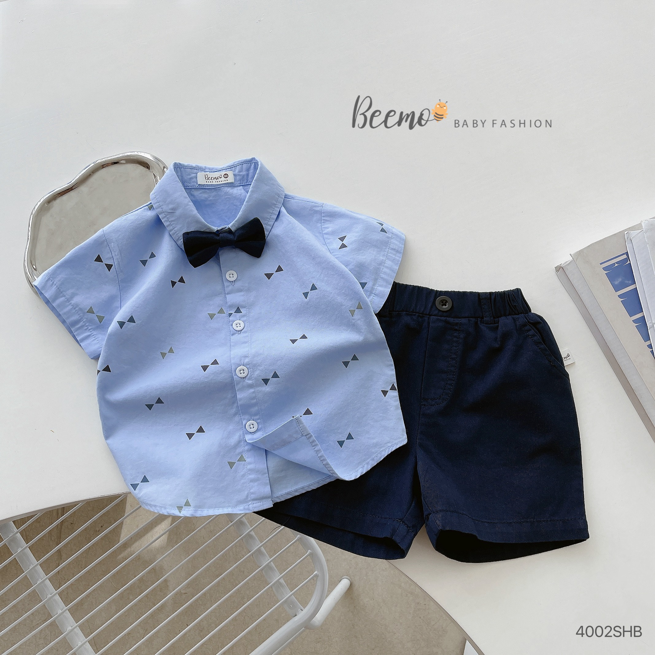 BE137 Bộ áo sơ mi quần đùi BEEMO, quần áo bé trai phong cách công tử đi chơi, đi tiệc
