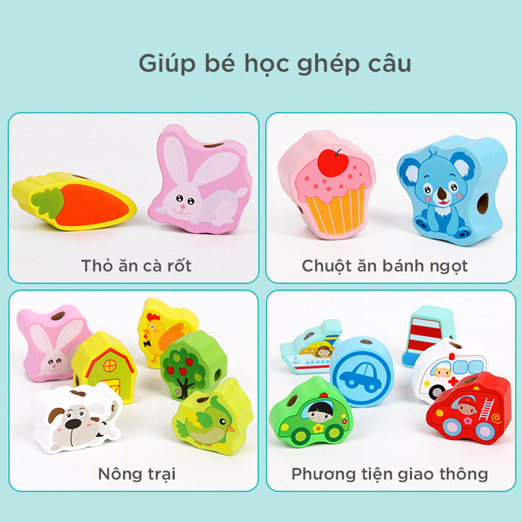 [106 chi tiết] Đồ chơi xâu hạt gỗ - String wooden beads 106pcs