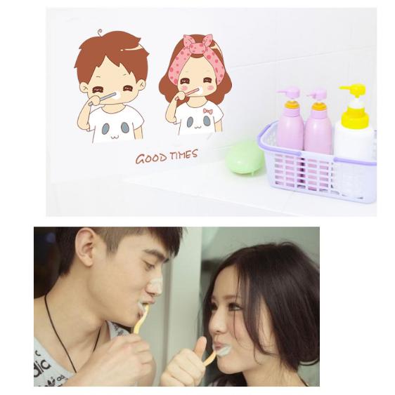 [HCM]Decal trang trí tường - Tranh Vẽ ChiBi Cặp đôi đánh răng thật dễ thương