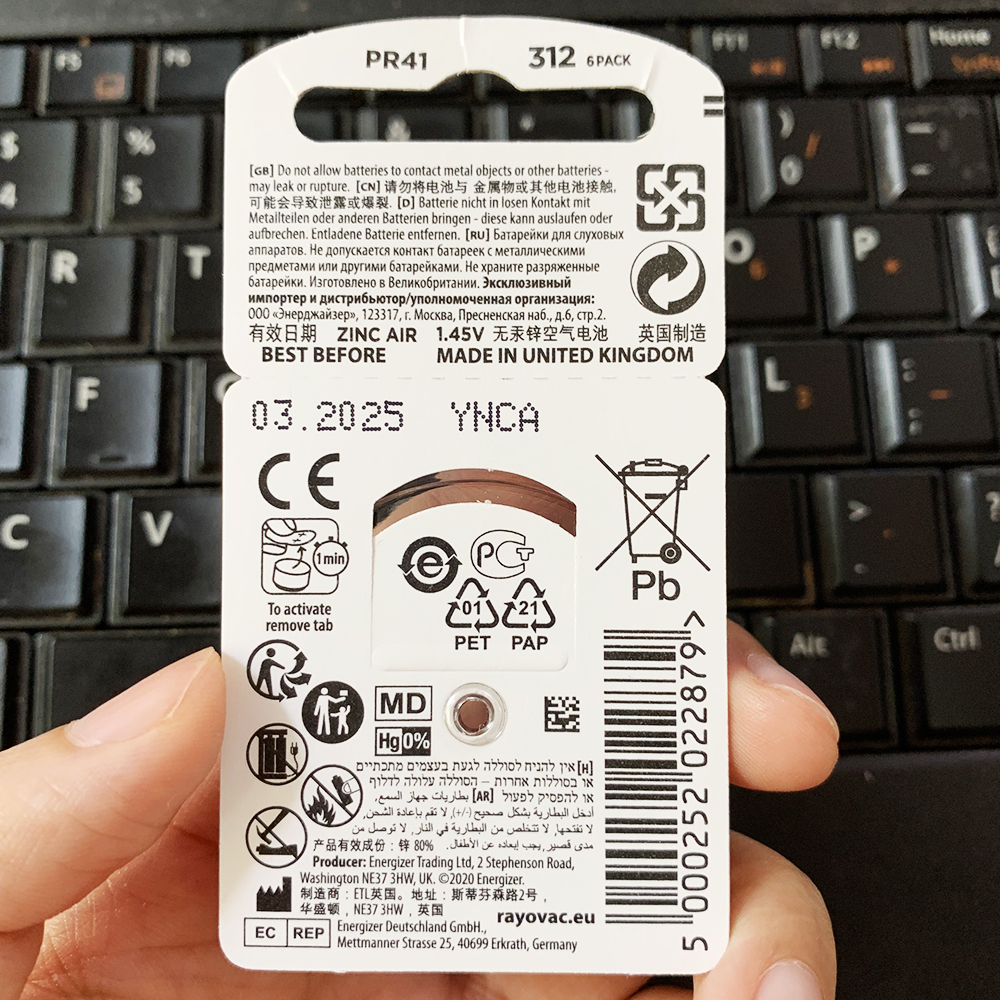 2 vỉ Pin máy trợ thính Rayovac PR41, Pin AG3, pin 312 ( vỉ 6 viên )