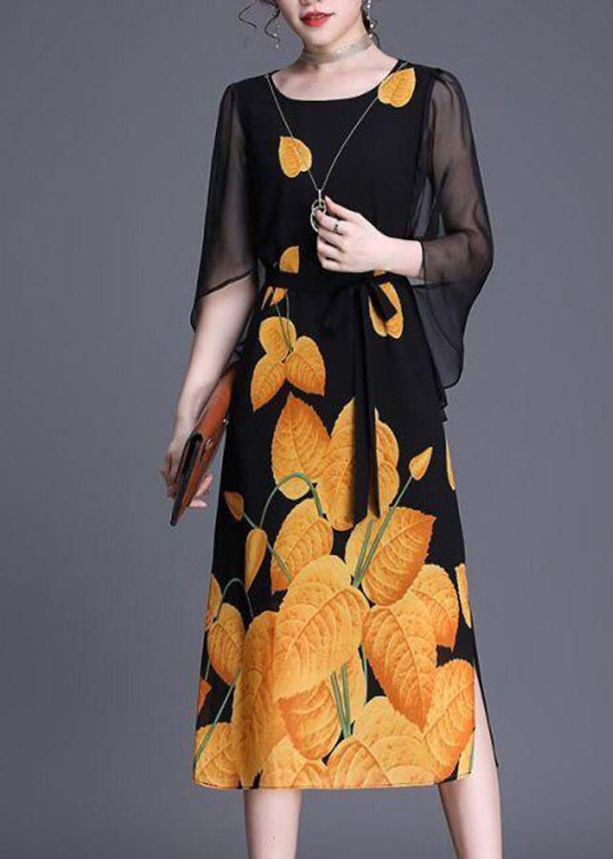 Đầm suông bigsize kiểu đầm suông tay cánh tiên in lá cây romi 3205