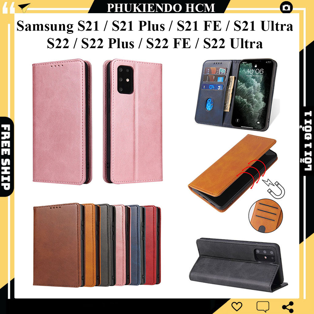 Bao da Samsung Galaxy S21, S22, S21 FE, S22 FE, S21 Plus, S22 Plus, S21 Ultra, S22 Ultra dạng ví leather case cao cấp, kiểu dáng sang trọng thời trang, ngăn đựng thẻ ATM tiện lợi, bảo vệ điện thoại toàn diện