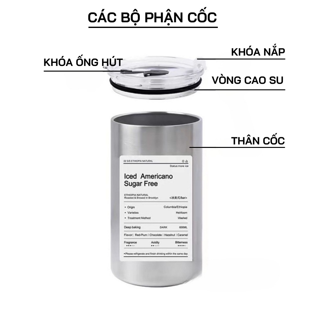 Cốc Giữ Nhiệt Iced Americano Hiệu Quả 6H Bình Giữ Nhiệt Inox 304 Ly Giữ Nhiệt Coffee Có Ống Hút Capuchino 300ML/600ML HL069 - HL070