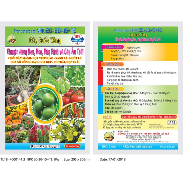 Phân NPK 20-20-15 + TE ( 1kg ), 202015- Phân Bón 7 Màu