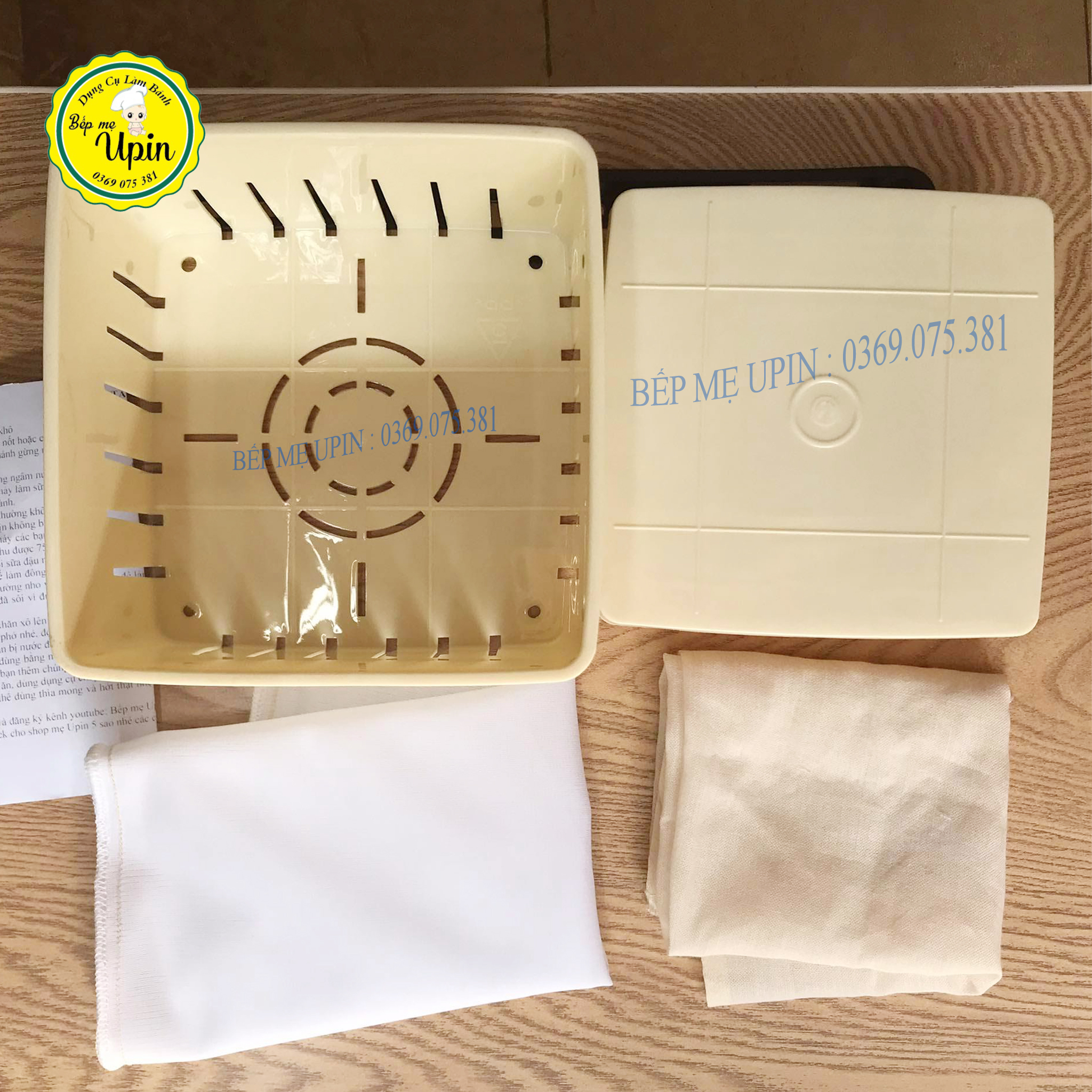Bộ khuôn làm đậu phụ, đậu hũ size 16.5cm đầy đủ vải lót và túi lọc