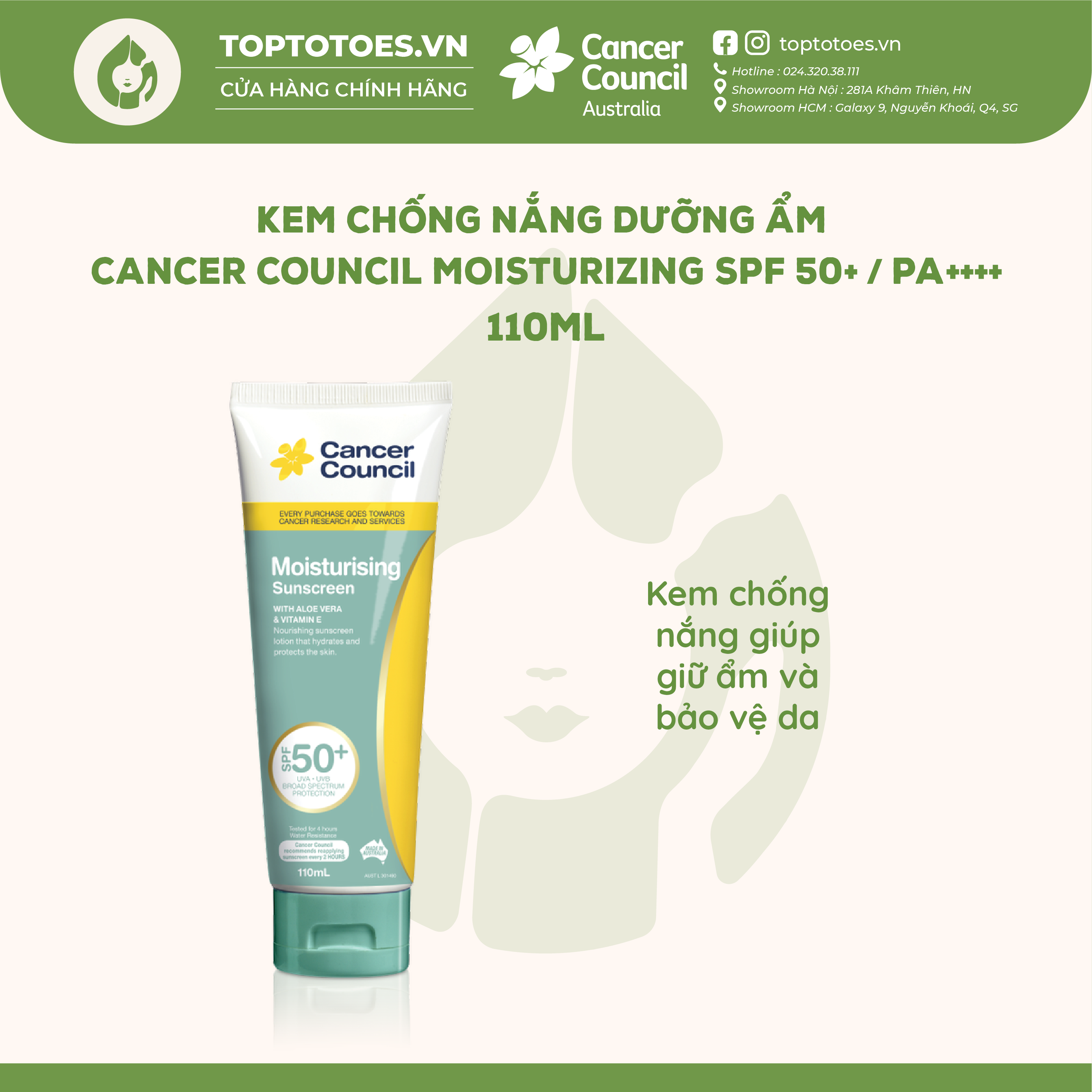 Kem chống nắng Dưỡng ẩm Cancer Council Moisturizing SPF 50+/ PA ++++