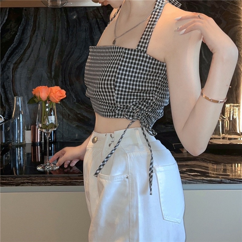 Áo croptop nữ kiểu cột nơ rút dây ca rô siêu hót (có mút ngực)