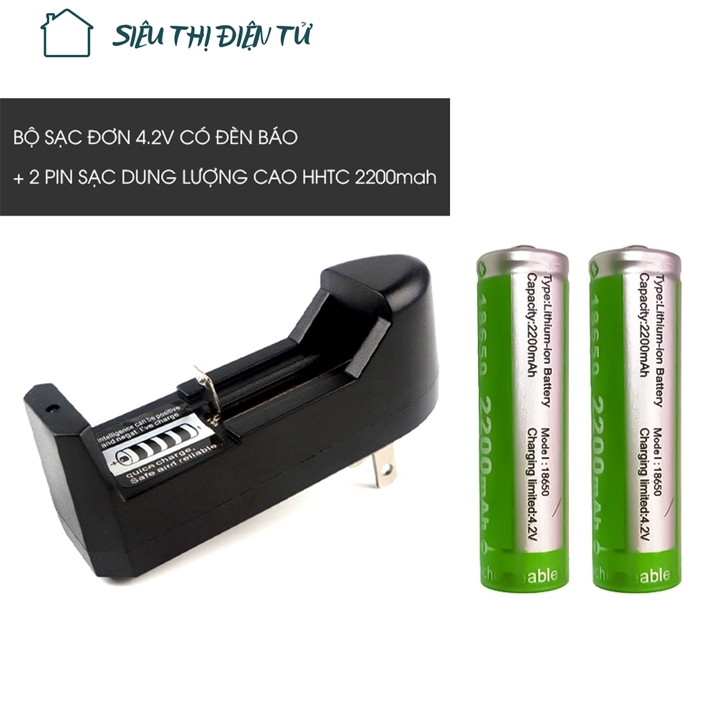 Sieuthidientu Combo Sạc Đơn 4,2v Có Đèn Báo Và 2 Pin Sạc IMR 18650 Dung Lượng Cao HHTC 2200mah Vỏ Xanh Dùng Cho Quạt Đèn Pin Loa Máy Nghe Kinh