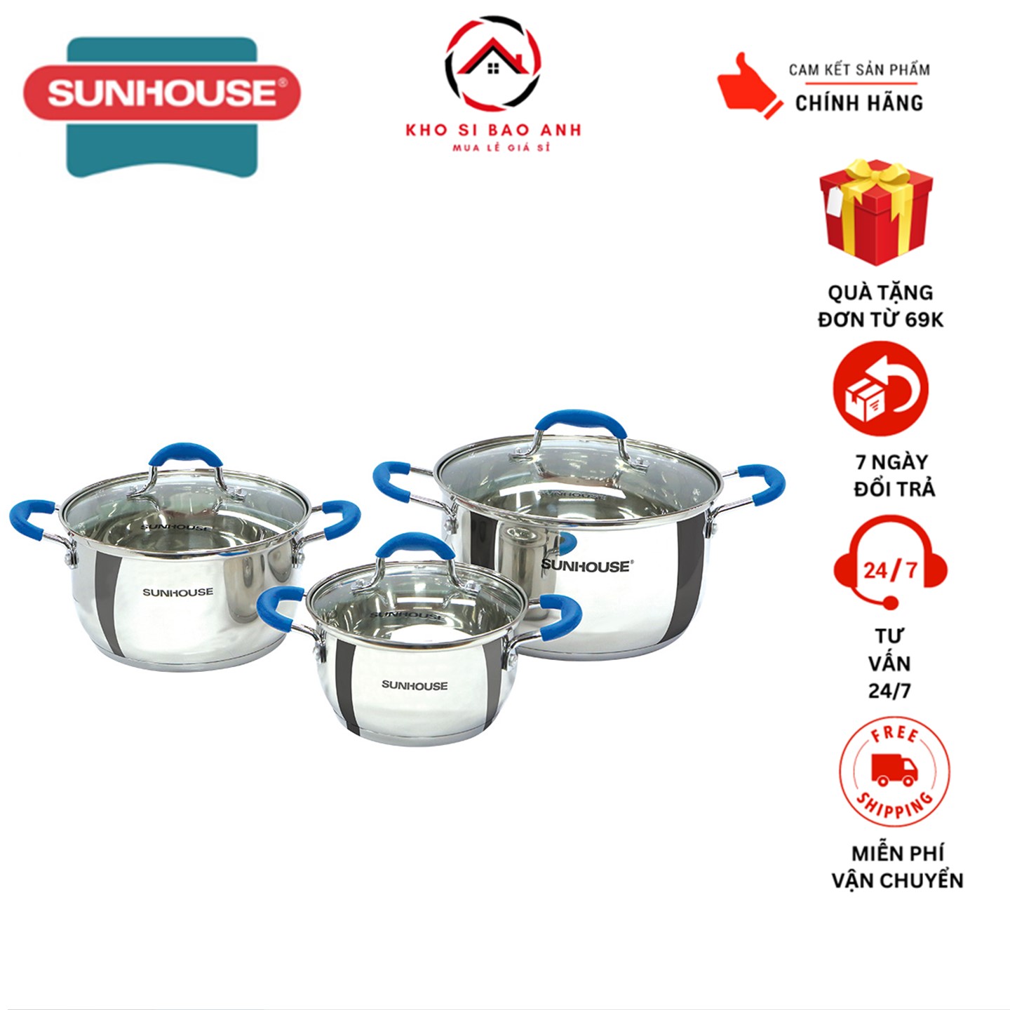 Bộ nồi inox 5 đáy sunhouse shg2503mbd chính hãng,5 lớp đáy, tỏa nhiệt đều, giữ nhiệt lâu