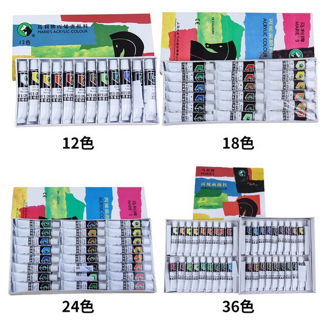 Bộ màu Acrylic 12/18/24/36 MARIE'S dạng Tuyp (12ml, hộp giấy)