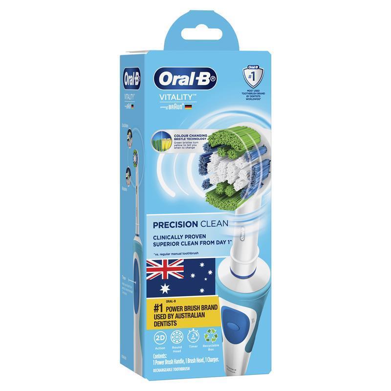 Bàn chải đánh răng điện Oral-B Vitality Precision Clean là loại bàn chải điện làm sạch sâu từ kẽ răng giúp răng trắng sáng tự nhiên quatangme-com-vn