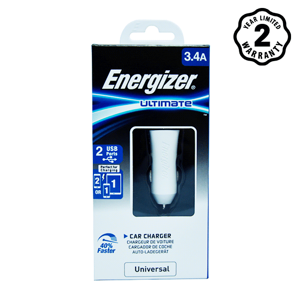 Sạc Ô Tô Energizer 3.4A 2 Cổng USB - Kèm 1 Cáp Lightning USB (White)