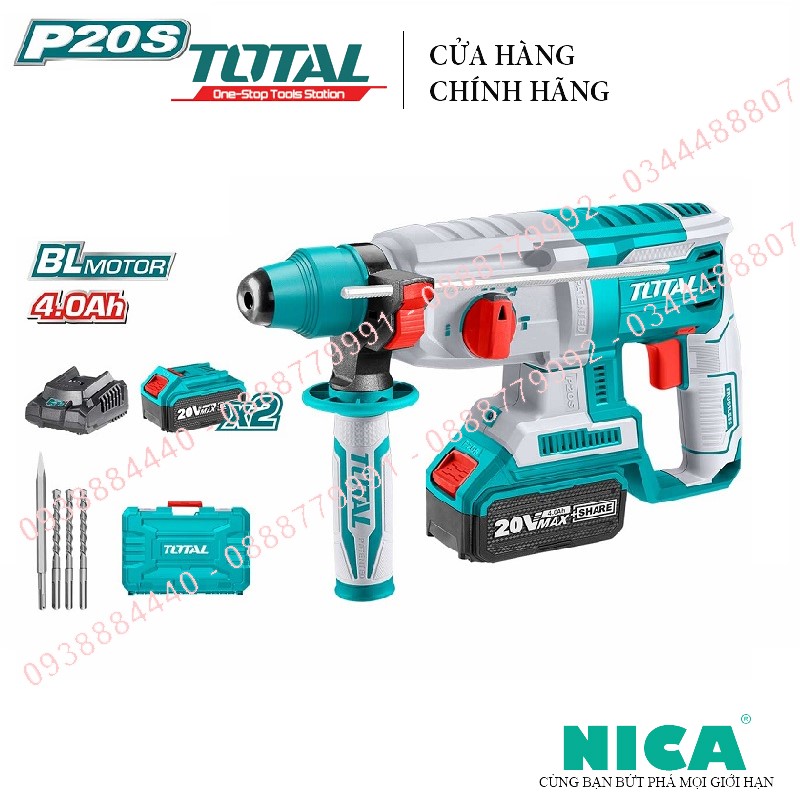 Máy khoan bê tông dùng pin 20v total trhli202287 không chổi than, tốc độ 1100v/p, lực đập 2j, khoan bê tông φ26, tích hợp đèn làm việc, đầu khoan sds plus, kèm 3 mũi khoan+1 mũi đục, kèm 2 pin 4.0ah+sạc máy khoan pin cầm tay