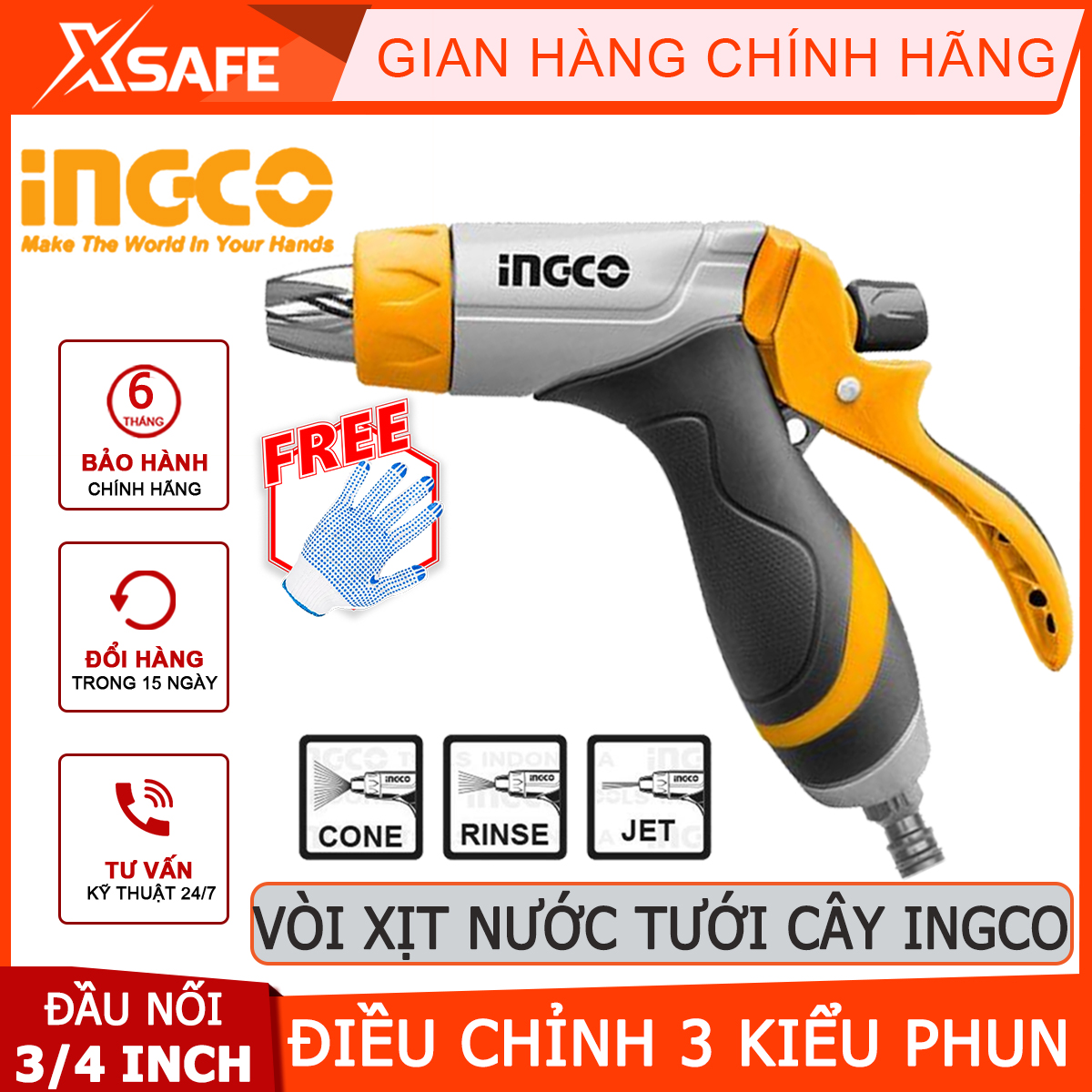 Nozzle spray watering plants ingco HZATN1031 | nozzle watering plants 3 bolt connector 3/4 ", adjustable 3 spray type, size 15x3.59x17.5cm, handle soft garden watering, car washing, watering plants [XTools] [xsafe]