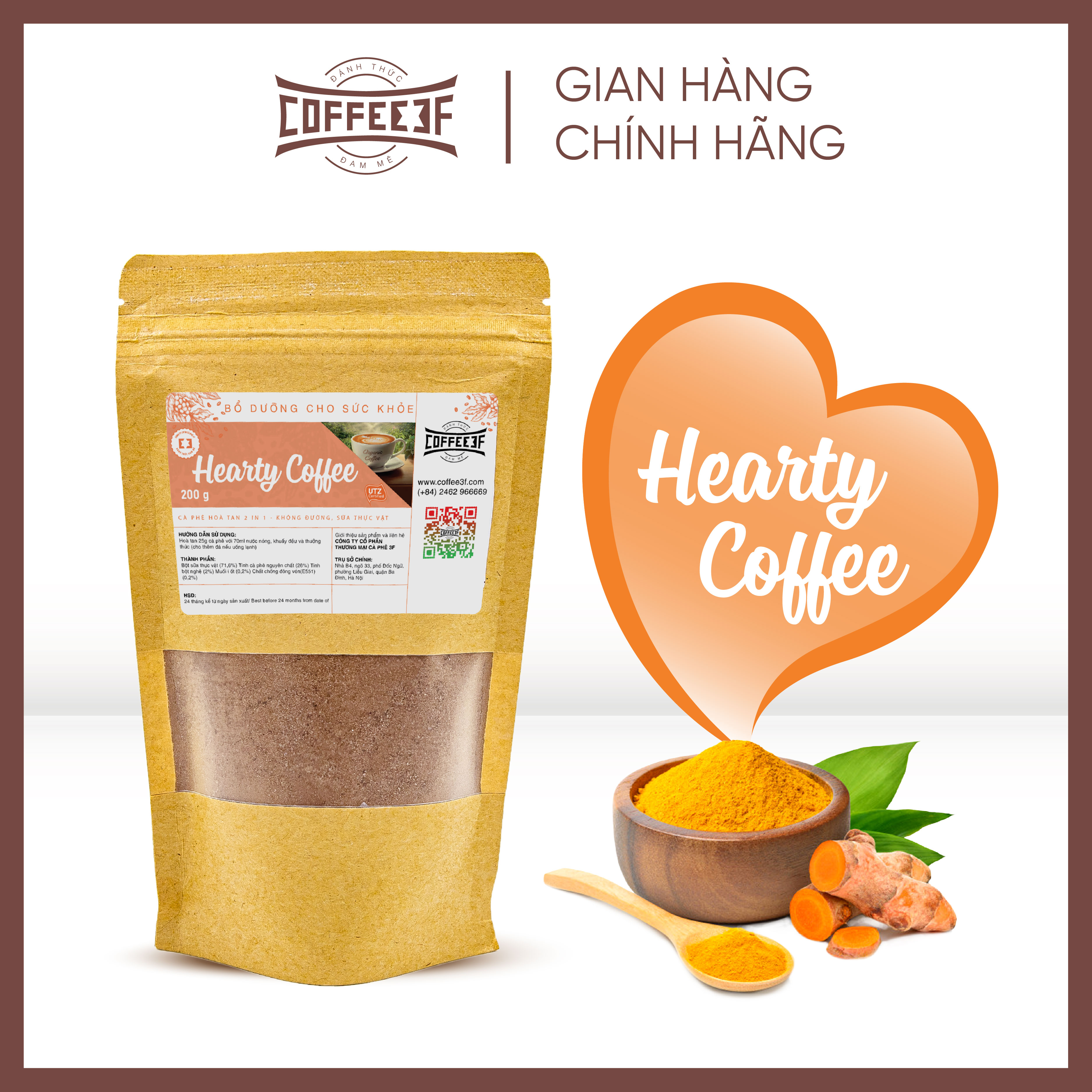 Cà phê hoà tan tinh bột nghệ Hearty Coffee - Coffee 3F (túi 500g/200g)