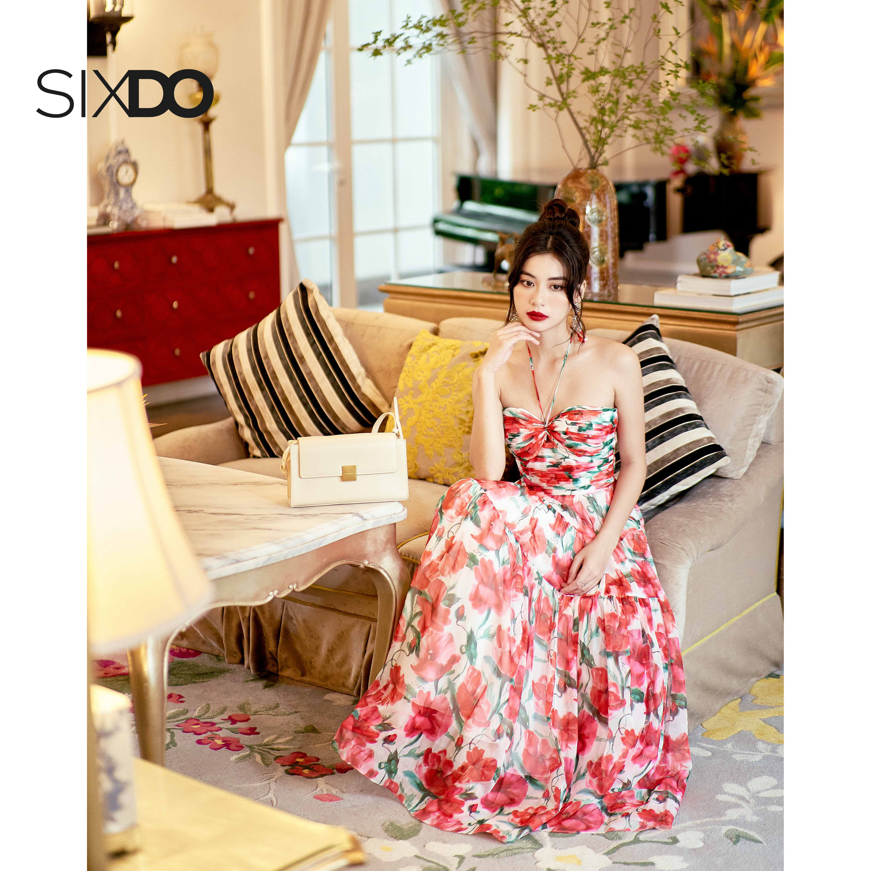 Đầm voan hoa cúp ngực SIXDO (White Cherry Blossom Midi Voile Dress)