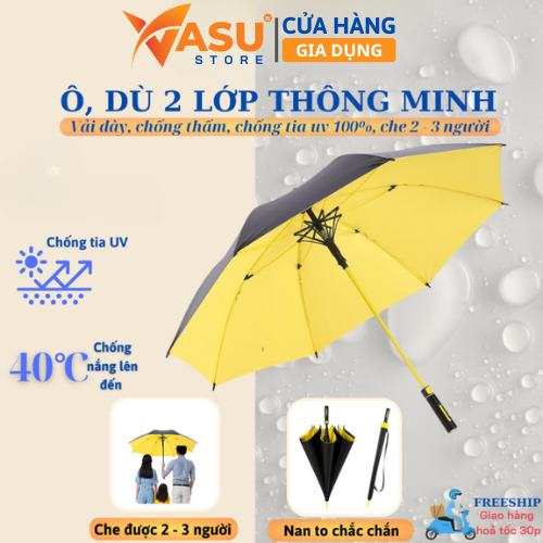 Ô dù cỡ lớn che mưa 2 lớp, che nắng chống tia UV, nan to, cán dài chống gỉ cao cấp phong cách hiện đại đóng mở tự động, ô dành cho 2-3 người