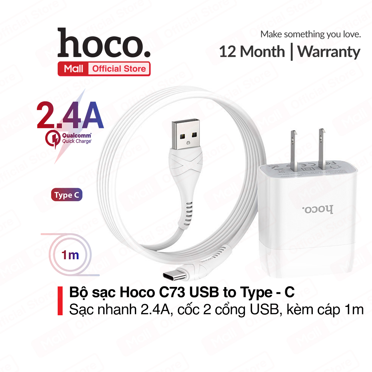 Bộ sạc Hoco C73 USB to Type-C sạc nhanh 2.4A cổng sạc 2 cổng kèm dây cáp dẻo chống gập dài 100cm