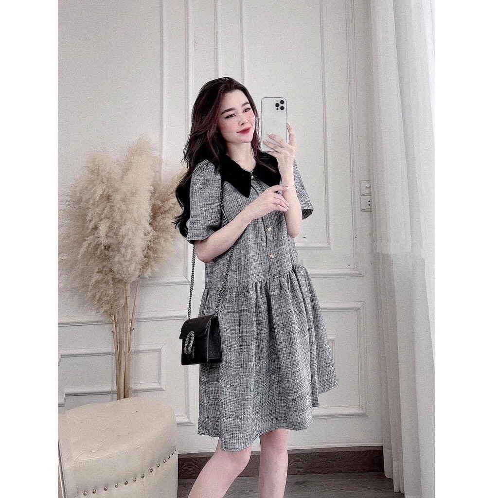 Đầm bầu chất dạ ghi cổ sen hàng thiết kế cao cấp