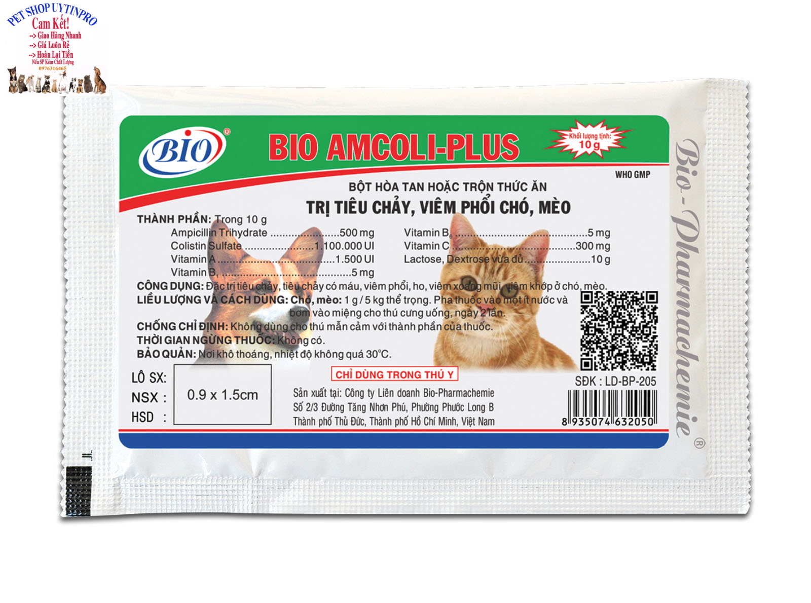 [Hoàn tiền 10%]  Bột Trị tiêu chảy, viêm phổi Chó Mèo BIO AMCOLI-PLUS gói 10g  Xuất xứ Bio Việt Nam - Pet shop Uytinpro