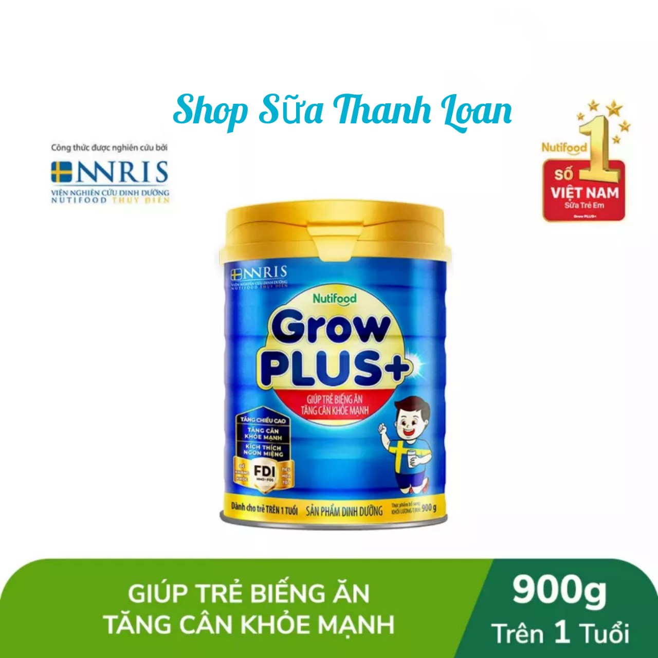 Sữa bột nutifood grow plus+ tckm xanh hộp 900g.