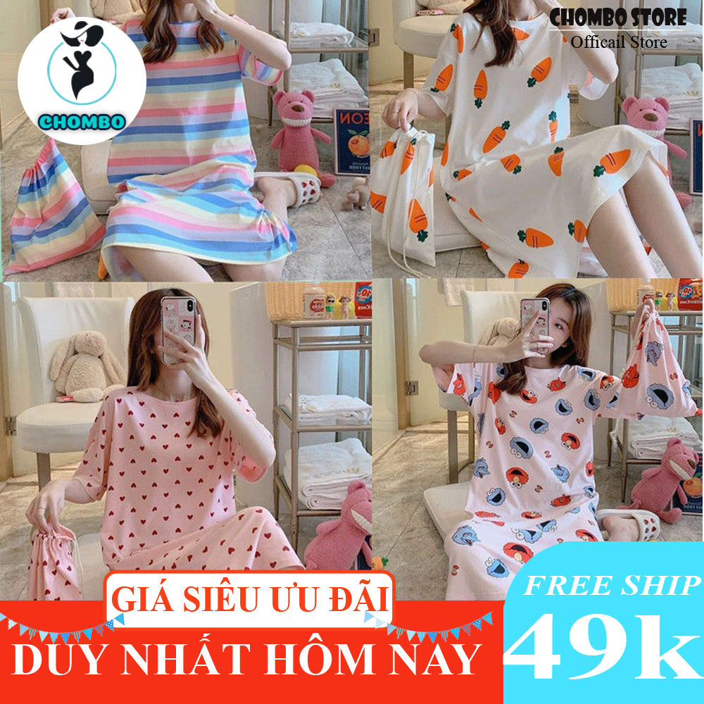 Váy ngủ, váy mặc nhà hai dây có đệm ngực đuôi xếp li (tặng kèm bịt mắt), cotton thoáng mát, thấm hút mồ hôi, thời trang, họa tiết cute DN04.CHOMBO