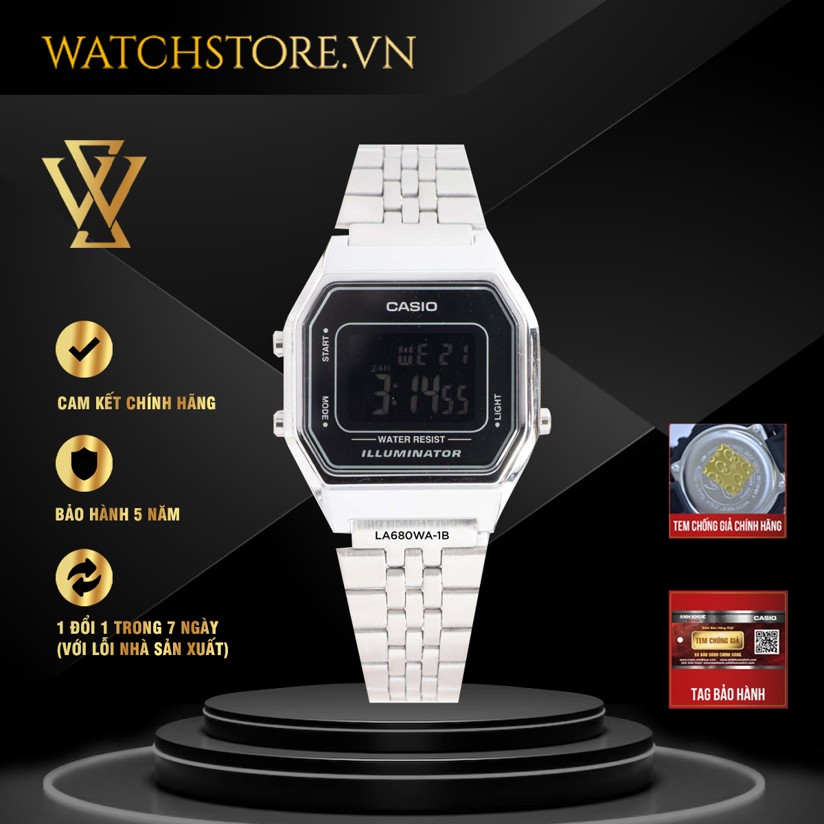 Đồng hồ điện tử nữ casio chính hãng watchstore la680wa-1bdf thiết kế mặt kính nhựa vuông 28.5mm, dây kim loại, vỏ mạ crom