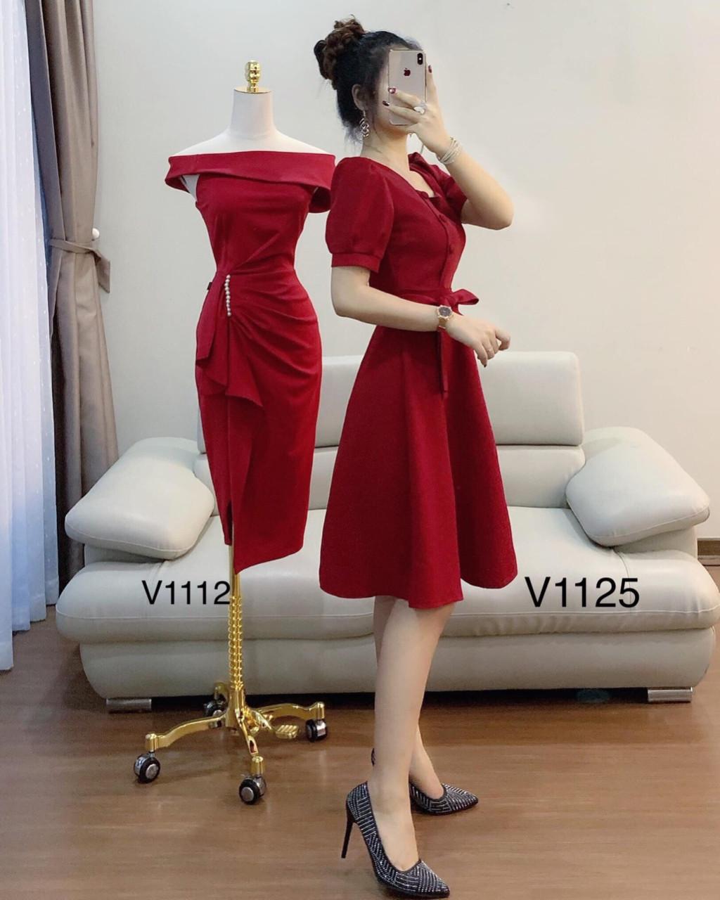 Đầm nữ thắt eo nút lệch cổ vuông tay phồng chất kate lụa vàng đỏ hồng