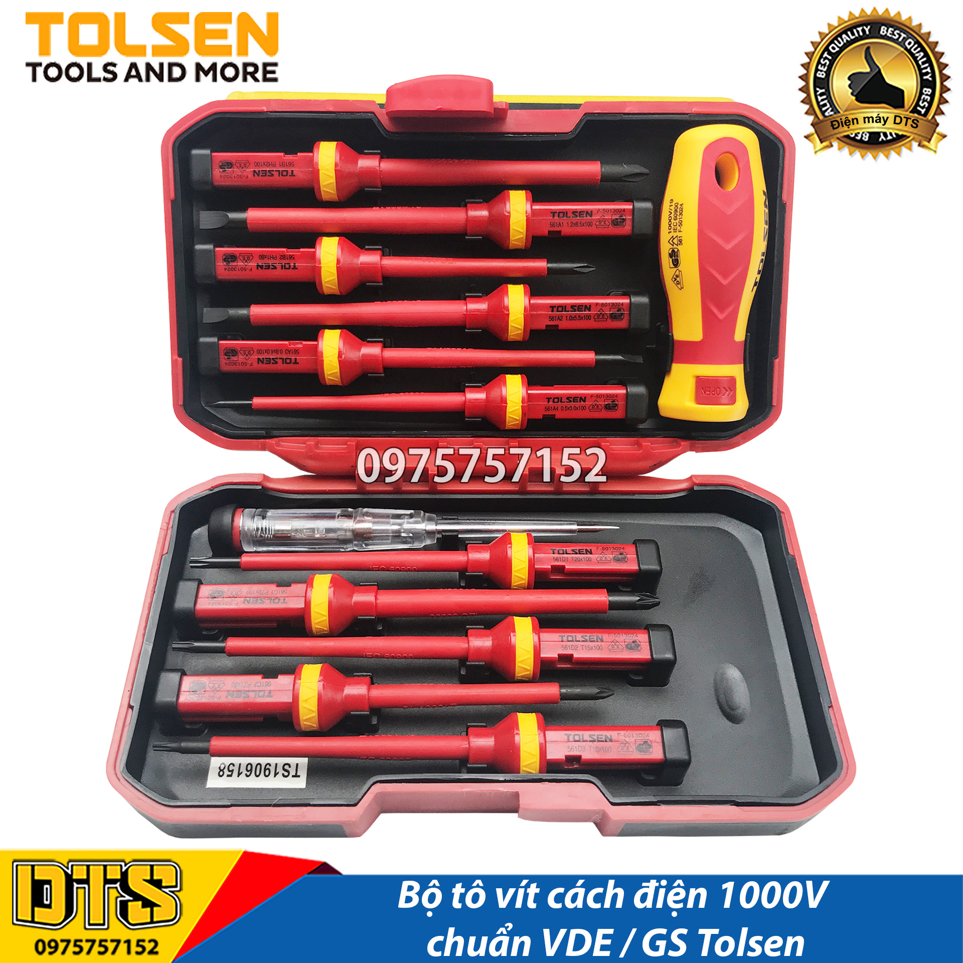 Bộ tô vít cách điện VDE GS 1000V công nghiệp Tolsen 13 chi tiết, bộ tuốc nơ vít dẹp bake, tô vít thử điện, mũi vít thép cao cấp CrV có nam châm từ tính, tay cầm bọc nhựa 2 màu chống trượt, cách điện an toàn - Tiêu chuẩn xuất khẩu Châu Âu