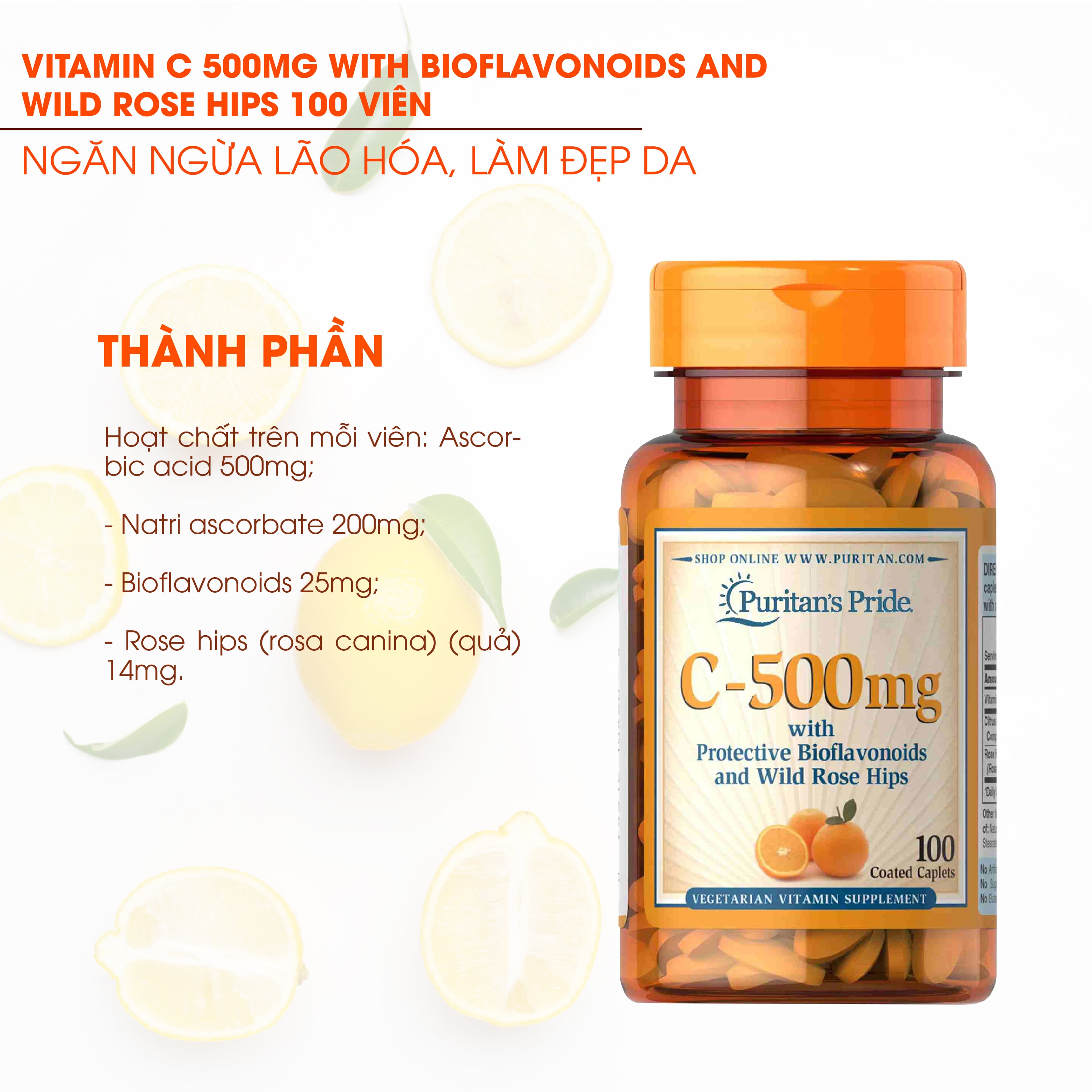 Viên bổ sung vitamin C 500mg Puritan's Pride 100 viên giúp sáng da, tăng cường đề kháng