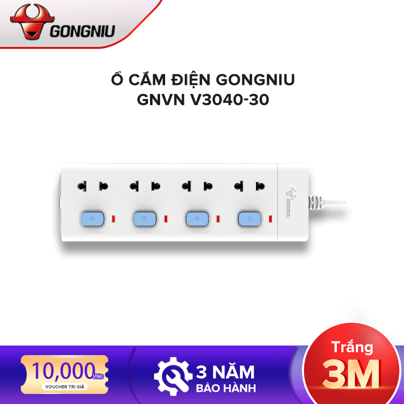 Ổ cắm điện đa năng Gongniu  GNVN V3040, 4 ổ 4 công tắc, Công suất 10A/250V/2500W, dài 3 mét - Hàng chính hãng 100% bảo hành toàn quốc 3 năm