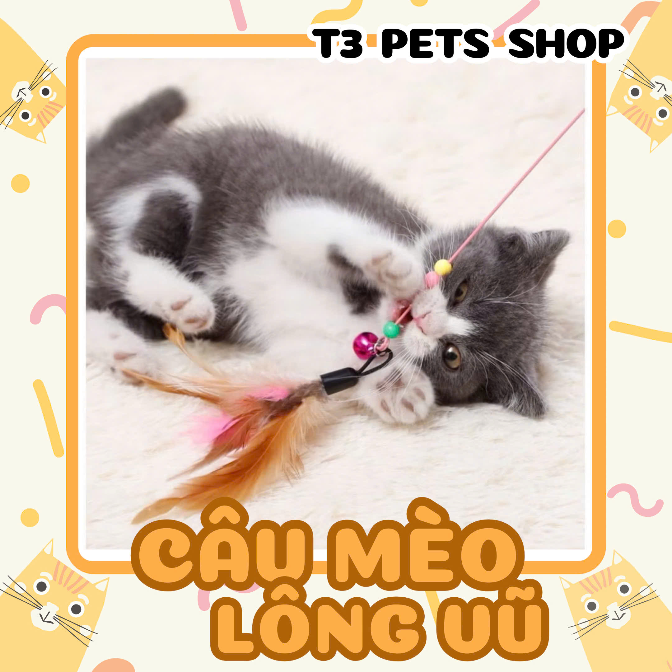 đồ chơi Cây câu mèo dài và lông vũ bằng thép - T3 PETS SHOP