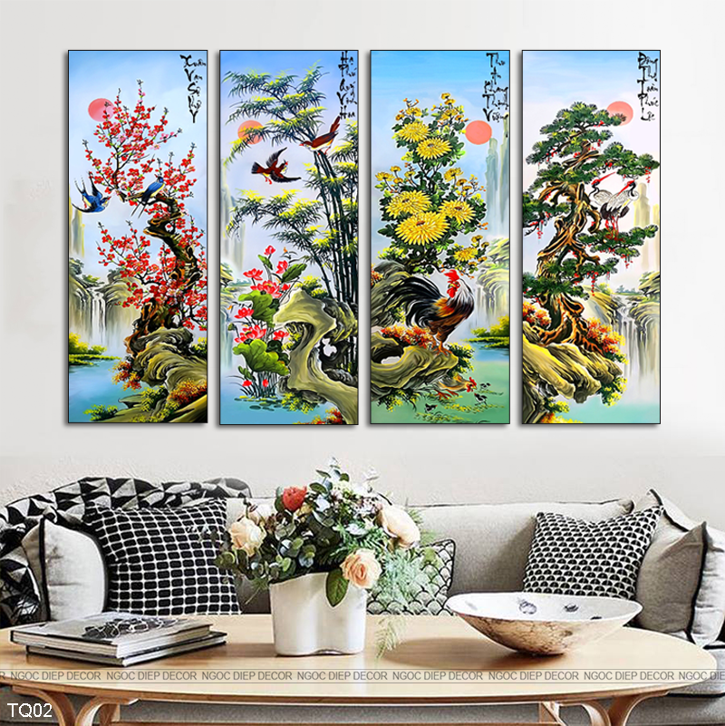 Tranh dán tường 3D tứ quý xuân hạ thu đông, Tranh phong thủy, In UV chống bay màu