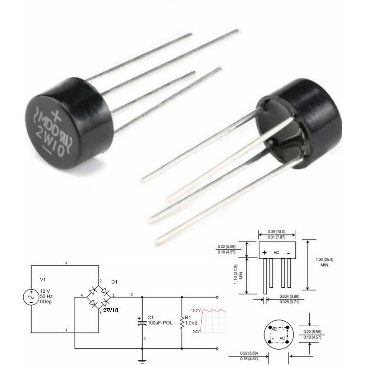 2W10 Diode Cầu 2A 1000V DIP-4, Diode Chỉnh Lưu (Combo 5)