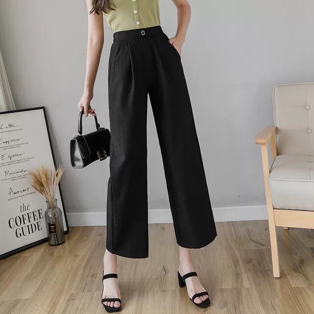 Quần ống rộng nữ lưng cao đũi xước hàn