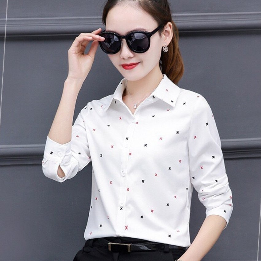Áo Sơ Mi Nữ Tay Dài Đẹp Kiểu Hàn Quốc Phối Họa Tiết Chữ X Cực Hot Hiện Nay