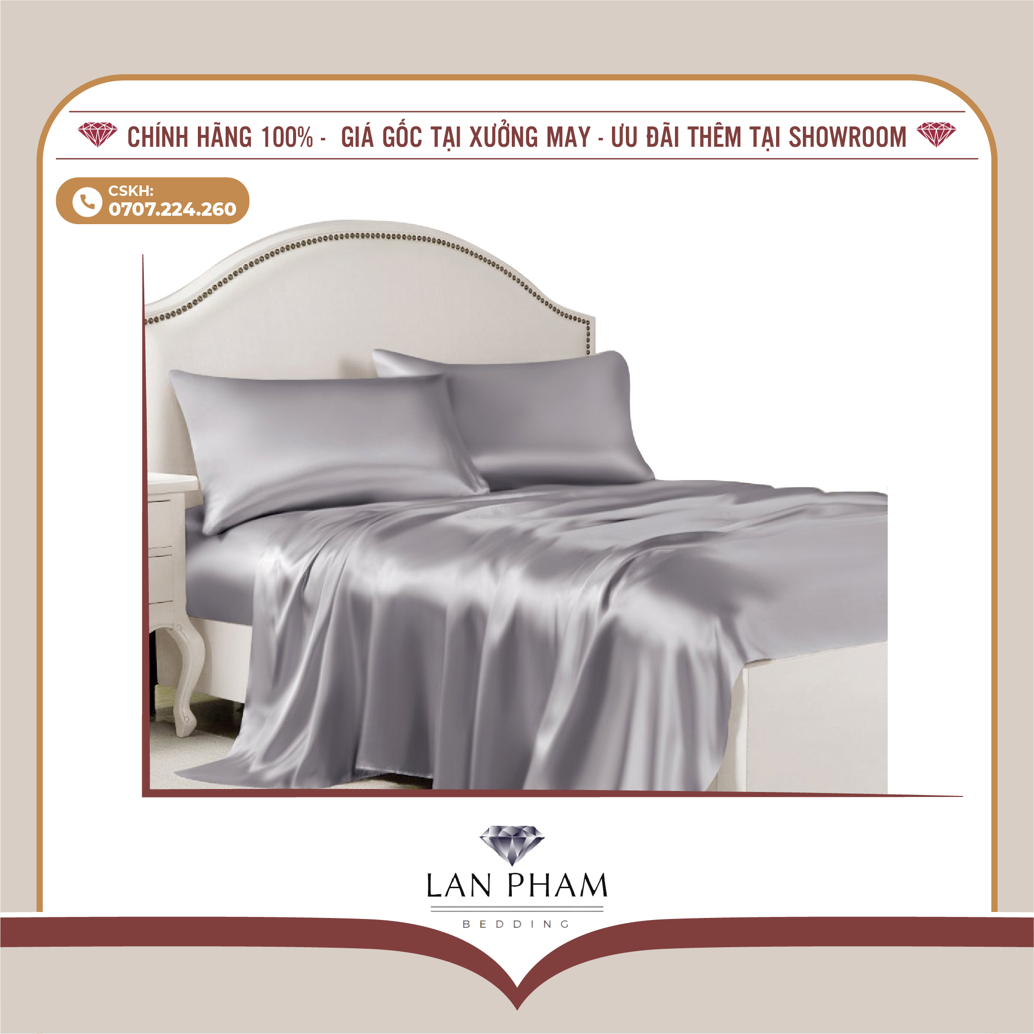 BỘ GA GIƯỜNG DRAP GỐI PHI LỤA MÀU XÁM GHI CAO CẤP LAN BEDDING