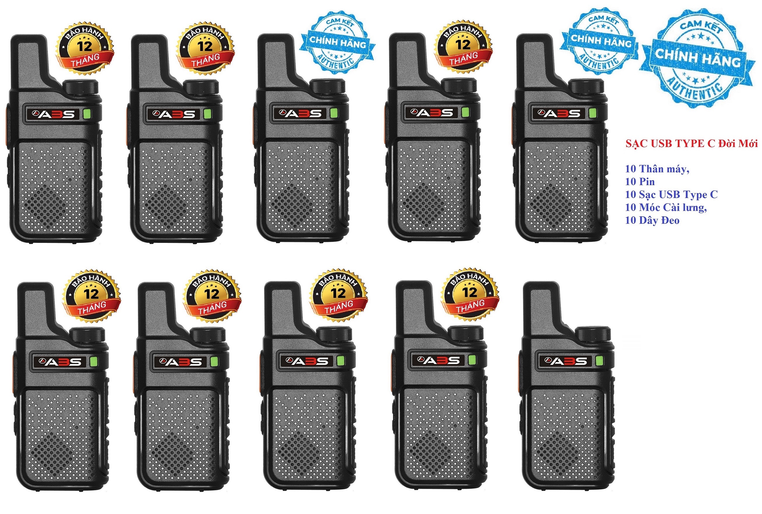 Bộ 10 Chiếc Bộ đàm Siêu Mini Sạc USB Type C Đời Mới chất lượng khủng ABS AB900 (Giá rẻ, bền bỉ)