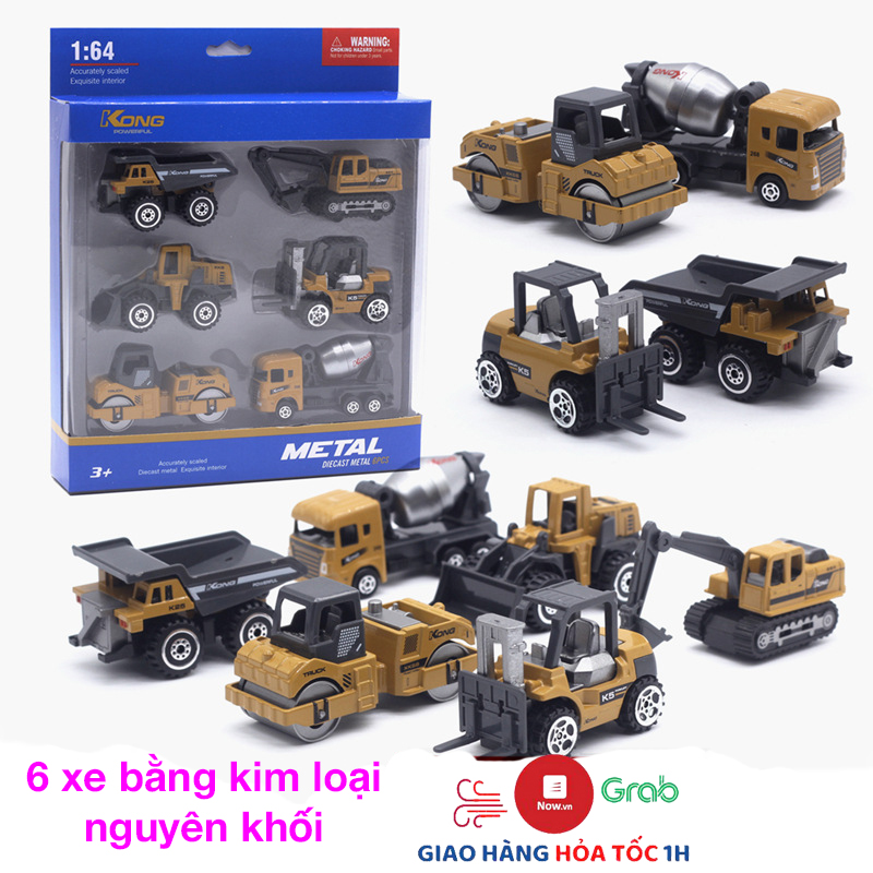 Xe công trình xây dựng bằng kim loại gồm 6 xe chi tiết sắc sảo, an toàn cho bé, dùng làm đồ chơi trẻ em hoặc trang trí