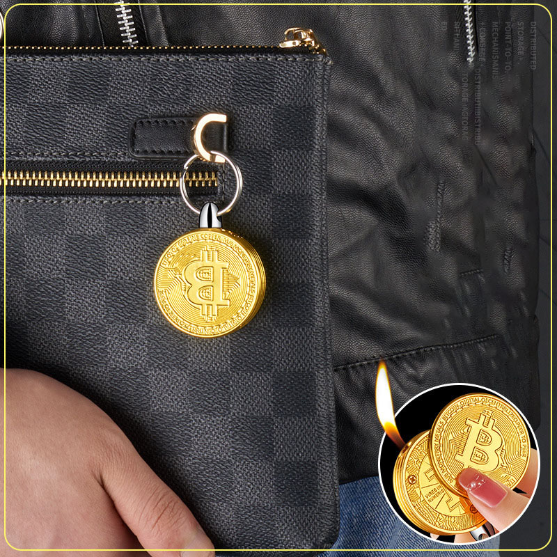 Hột quẹt bật lửa móc khóa đồng Bitcoin kim loại - xài gas