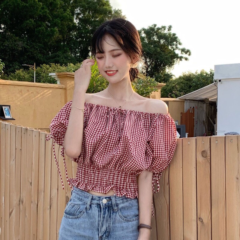 Áo Kiểu Kate Por Dày Mịn Caro Trễ Vai Đính Nơ Ngực Bo Nhún Eo Đáng Yêu TTSA0590