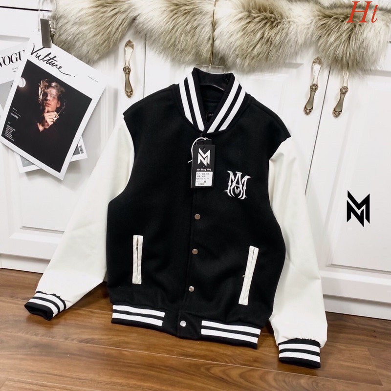 Áo bomber cúc bấm phối tay họa tiết chữ M  móng vuốt/ Áo khoác  nam nữ form rộng unisex kẻ viền xinh xắn_